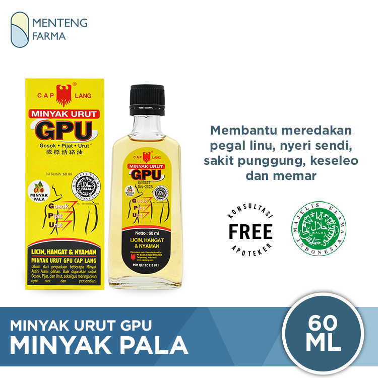 Minyak Urut GPU Cap Lang Minyak Pala 60 mL - Minyak Urut Licin dan Hangat - Menteng Farma