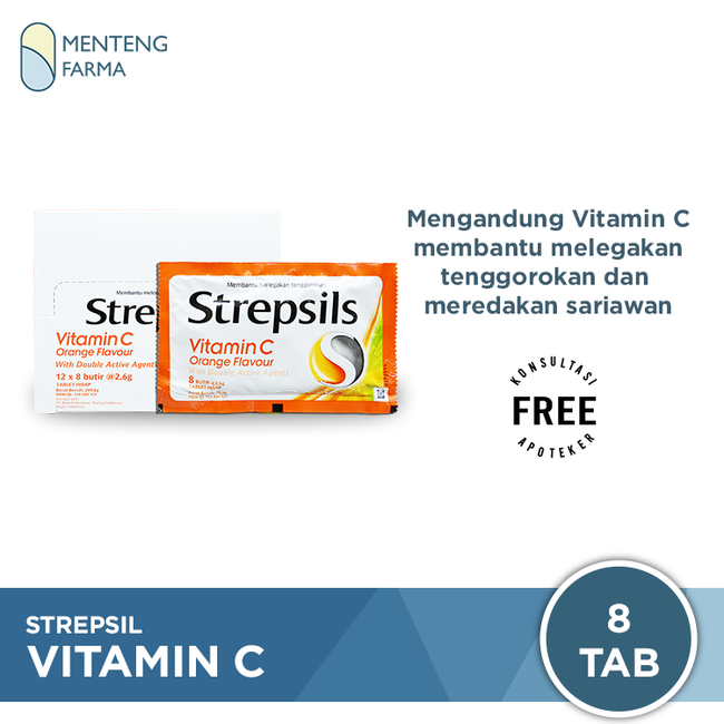 Strepsils Vitamin C Orange Flavor Sachet - Permen Pelega Tenggorokan - Menteng Farma