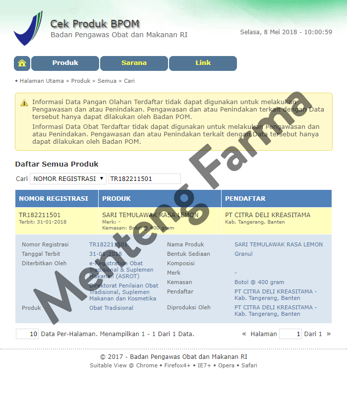 Sari Temulawak 85 Instan Plus Madu Lemon Toples 400 gr - Menteng Farma