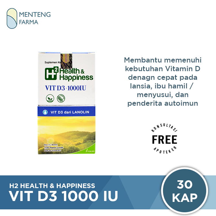 H2 Vit D3 1000 IU 30 Kapsul - Suplemen Vitamin D3 Bantu Jaga Daya Tahan Tubuh - Menteng Farma
