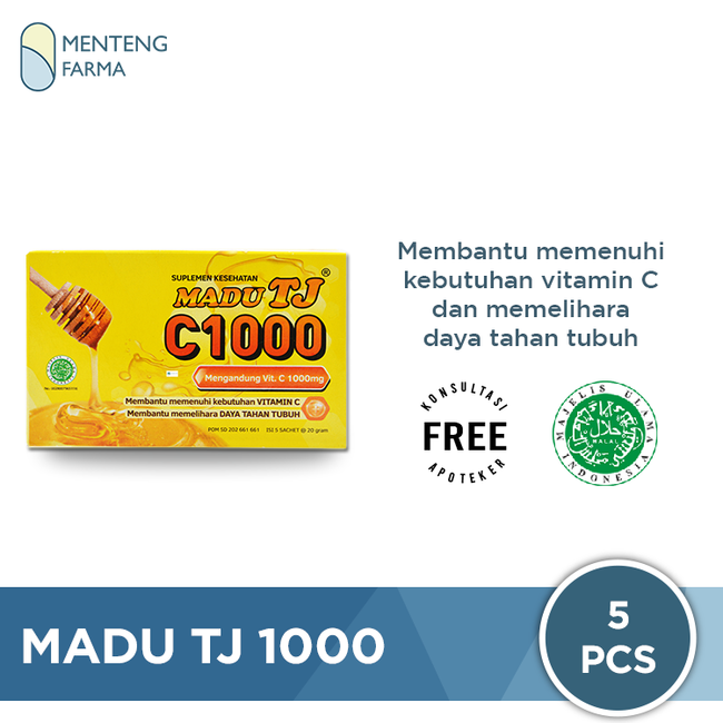 Madu TJ C 1000 Dus Isi 5 Sachet - Minuman Serbuk Vit C Jaga Daya Tahan Tubuh - Menteng Farma