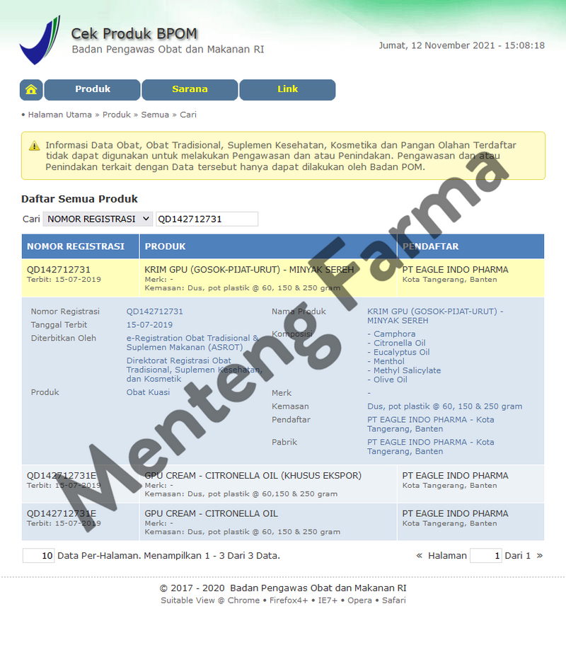 GPU Krim Sereh 250 Gr - Krim Urut Tidak Lengket dan Berminyak - Menteng Farma