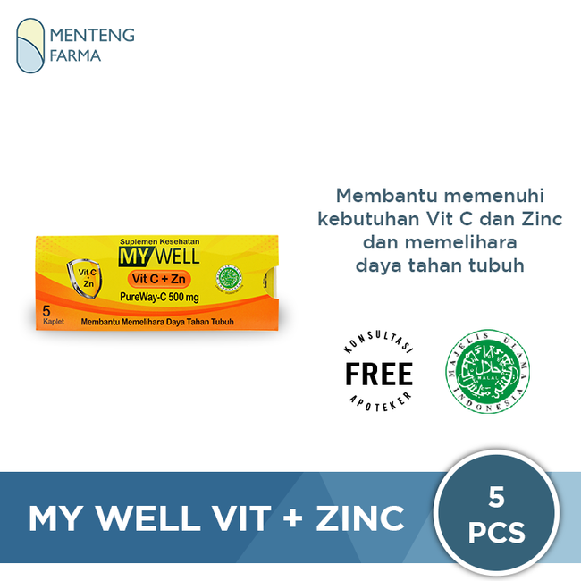 My Well Vit C + Zn 5 Kaplet - Suplemen Kebutuhan Vitamin C dan Zinc - Menteng Farma
