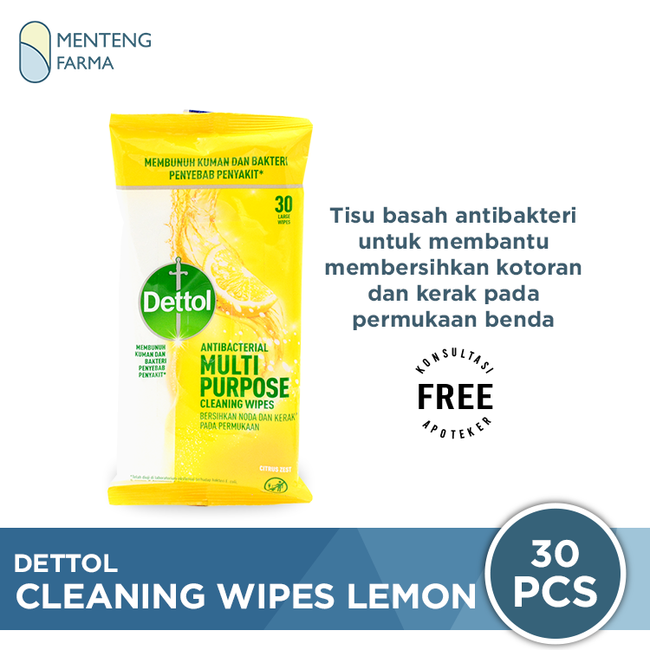 Dettol Multi Purpose Cleaning Wipes Lemon Isi 30 Lembar - Tisu Antibakteri Pembersih Noda dan Kotoran - Menteng Farma