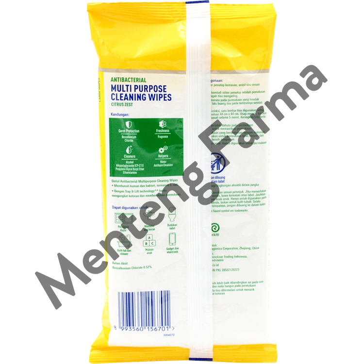 Dettol Multi Purpose Cleaning Wipes Lemon Isi 30 Lembar - Tisu Antibakteri Pembersih Noda dan Kotoran - Menteng Farma