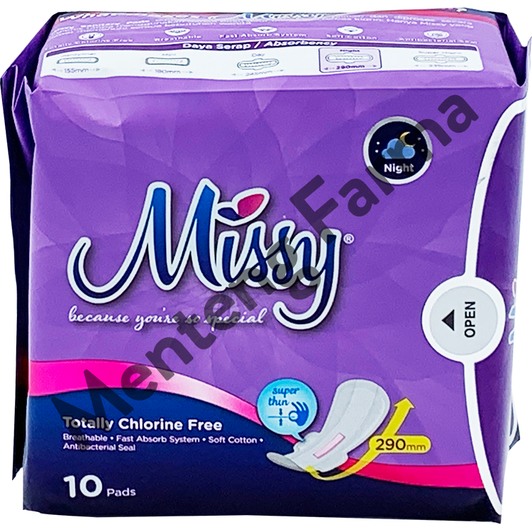 Pembalut Missy Night Wings 290 mm 10 Pads | Pembalut Wanita Daily Khusus Malam Hari - Menteng Farma