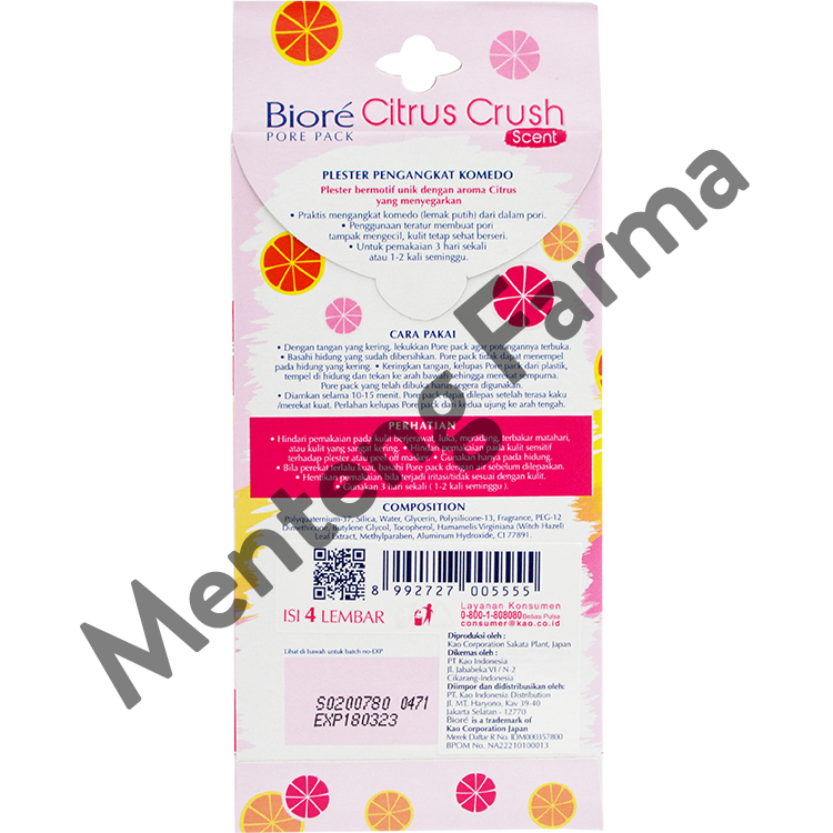 Biore Pore Pack Citrus Crush 4 Pcs - Plester Pengangkat Komedo Dengan Aroma Citrus - Menteng Farma