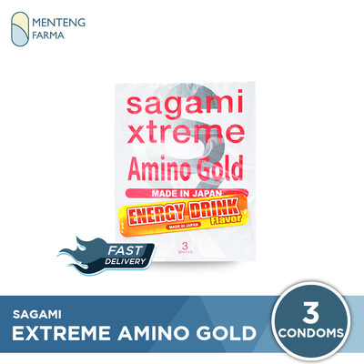 Kondom Sagami Xtreme Amino Gold Isi 3 - Aroma Energy Drink Flavor - Menteng Farma