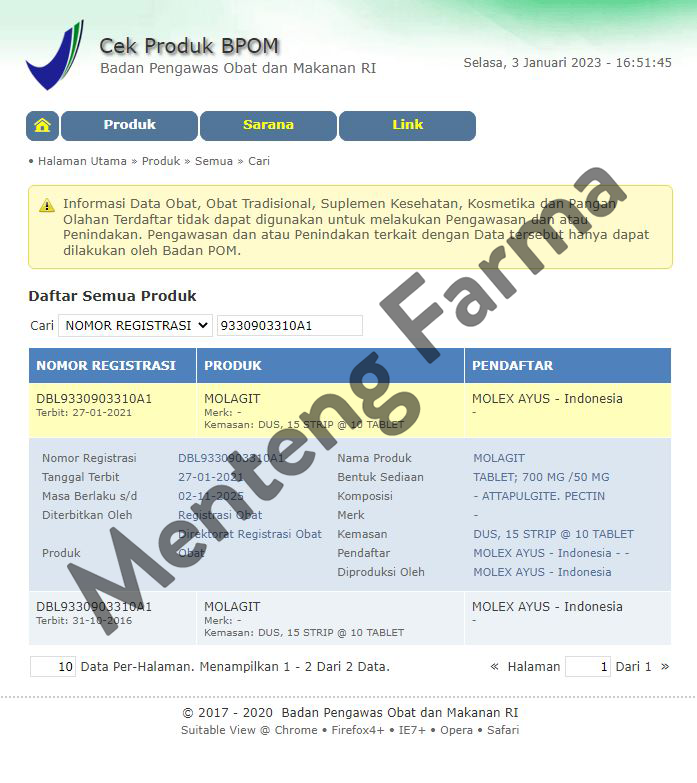 Molagit 10 Tablet - Obat Pereda Diare - Menteng Farma