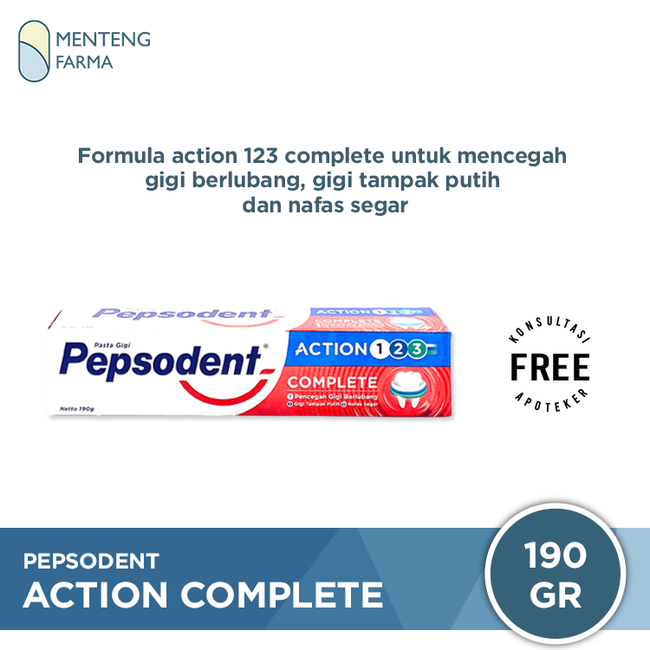 Pepsodent Action 123 Complete 190 Gr - Mencegah Gigi Berlubang, Membuat Gigi Tampak Putih dan Nafas - Menteng Farma