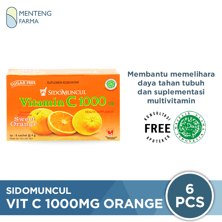 Sido Muncul Vitamin C 1000mg Sweet Orange 6 Sachet - Minuman Serbuk Vit C Jaga Daya Tahan Tubuh - Menteng Farma