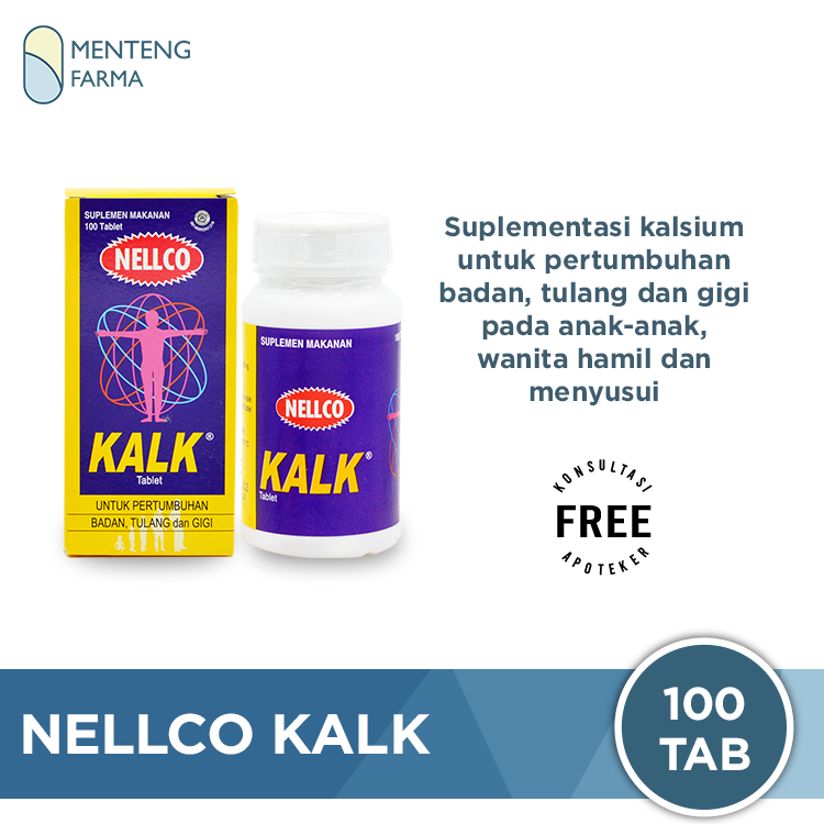 Nellco Kalk 100 Tablet - Suplemen Kalsium Pertumbuhan Anak, Ibu Hamil dan Menyusui - Menteng Farma