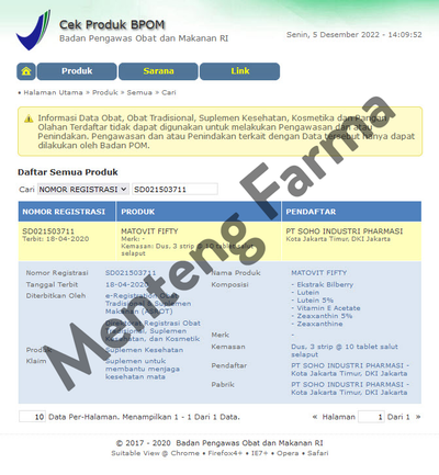 Matovit Fifty 10 Tablet - Suplemen Mata Untuk Orang Tua - Menteng Farma