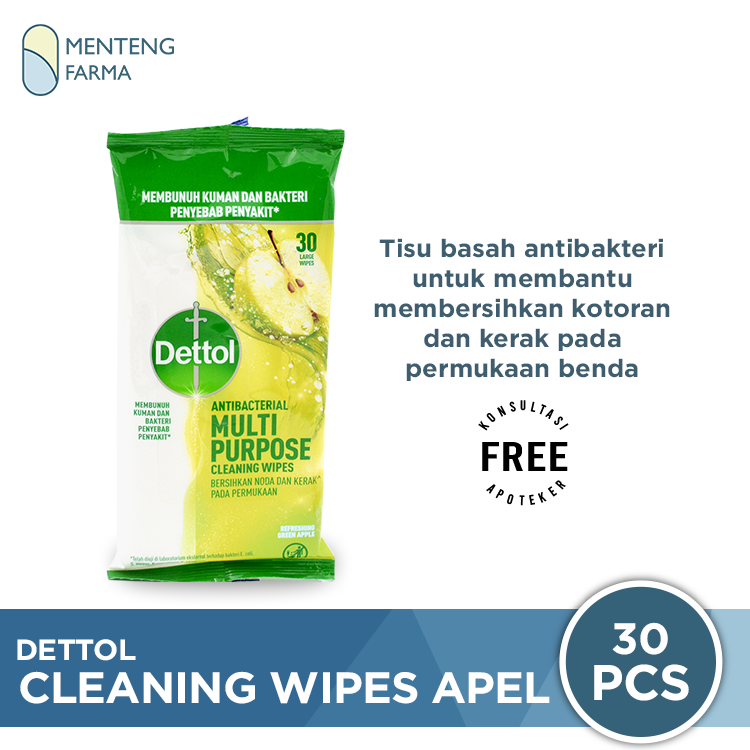 Dettol Multi Purpose Cleaning Wipes Apel Isi 30 Lembar - Tisu Antibakteri Pembersih Noda dan Kotoran - Menteng Farma