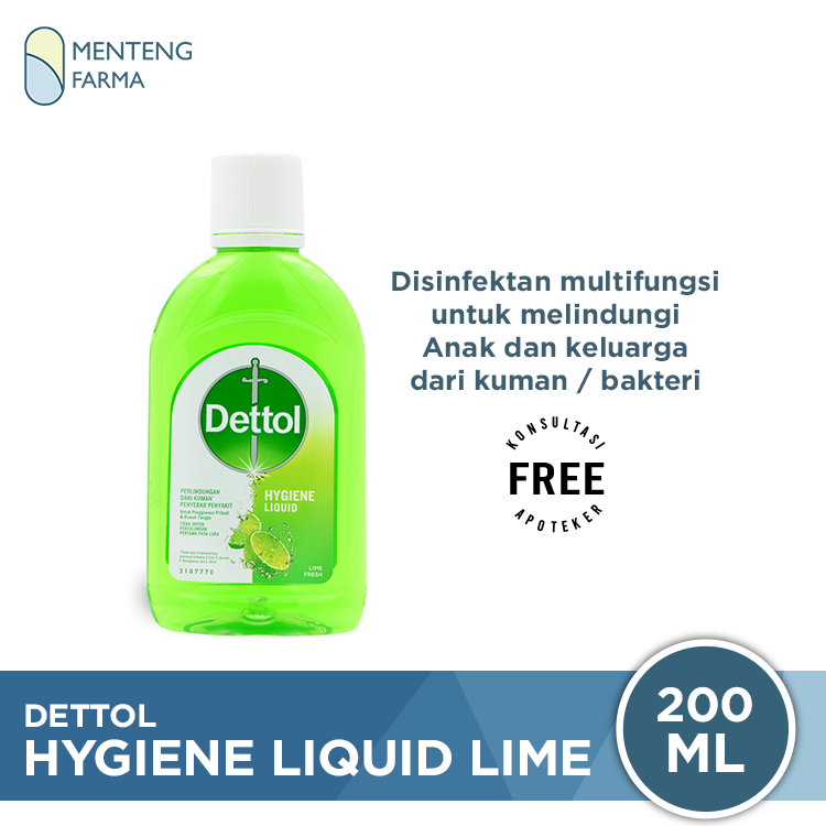Dettol Hygiene Liquid Lime 200 mL - Disinfektan Multifungsi Pembunuh Kuman Aroma Jeruk Nipis - Menteng Farma
