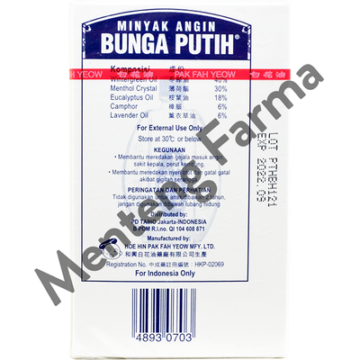 Minyak Angin Bunga Putih (Hoe Hin White Flower Embrocation) 20 mL - Menteng Farma