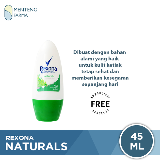 Rexona Anti-Perspirant Deodorant Roll On Naturals 45 ML - Dengan Bahan Alami dan Menyegarkan 48 Jam - Menteng Farma