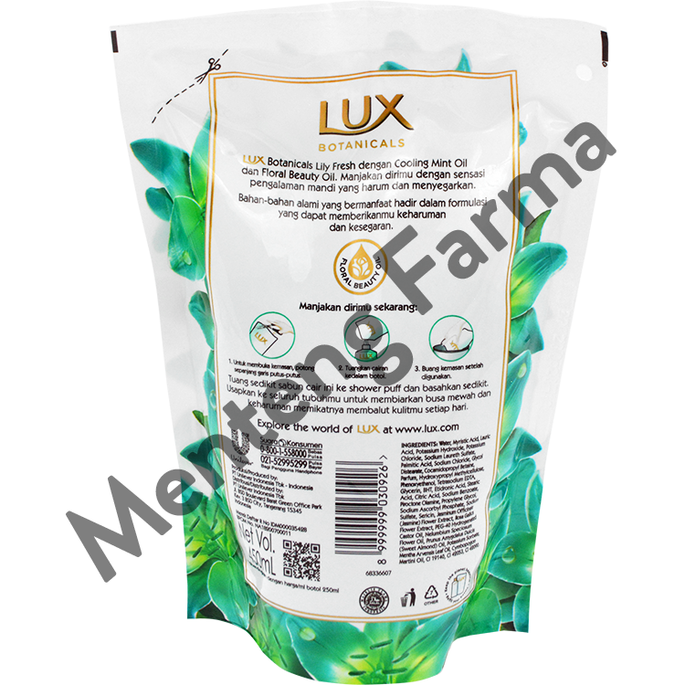 Lux Botanicals Sabun Mandi Cair Lily Fresh Refill 450 ML - Sabun Kecantikan dengan Cooling Mint Oil - Menteng Farma