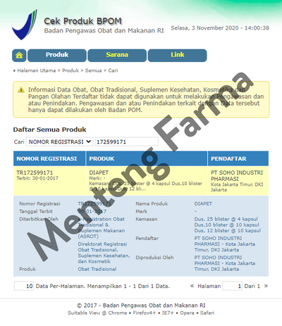 Diapet 10 Kapsul - Pereda Mencret Diare - Menteng Farma