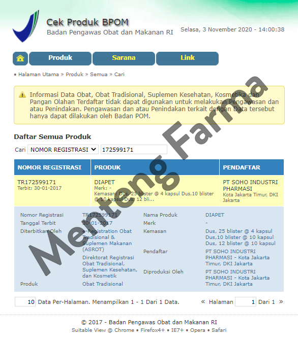 Diapet 10 Kapsul - Pereda Mencret Diare - Menteng Farma