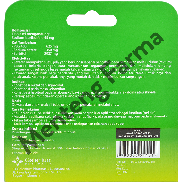 Laxarec Gel 5 mL - Krim Gel Pencahar, Sembelit, Konstipasi, Sulit BAB - Menteng Farma