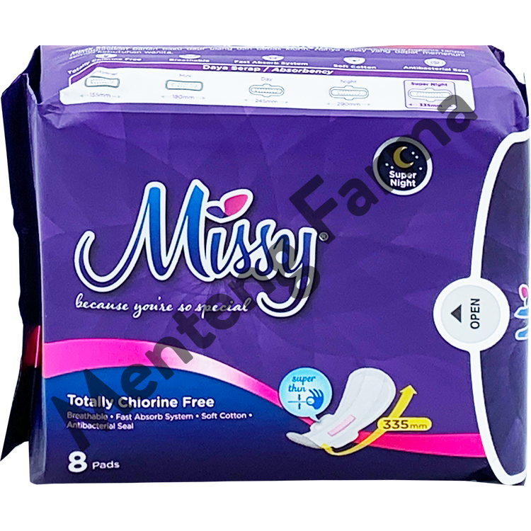 Pembalut Missy Super Night Wings 335 mm 8 Pads | Pembalut Wanita Daily Lebih Panjang Khusus Malam - Menteng Farma
