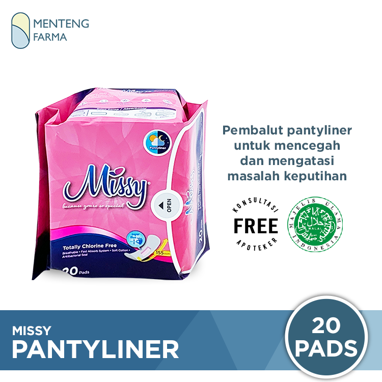 Pembalut Missy Pantyliner Super Thin 155 mm 20 Pads | Pantyliner Missy Antibakteri dan Jamur - Menteng Farma