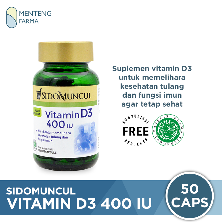 Sido Muncul Natural Vitamin D3 400 IU 50 Kapsul Lunak - Vit D3 400 IU Kesehatan Tulang dan Imun - Menteng Farma