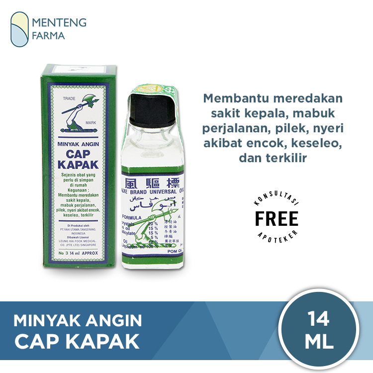 Minyak Angin Cap Kapak 14 mL - Pereda Masuk Angin dan Mabuk Perjalanan - Menteng Farma